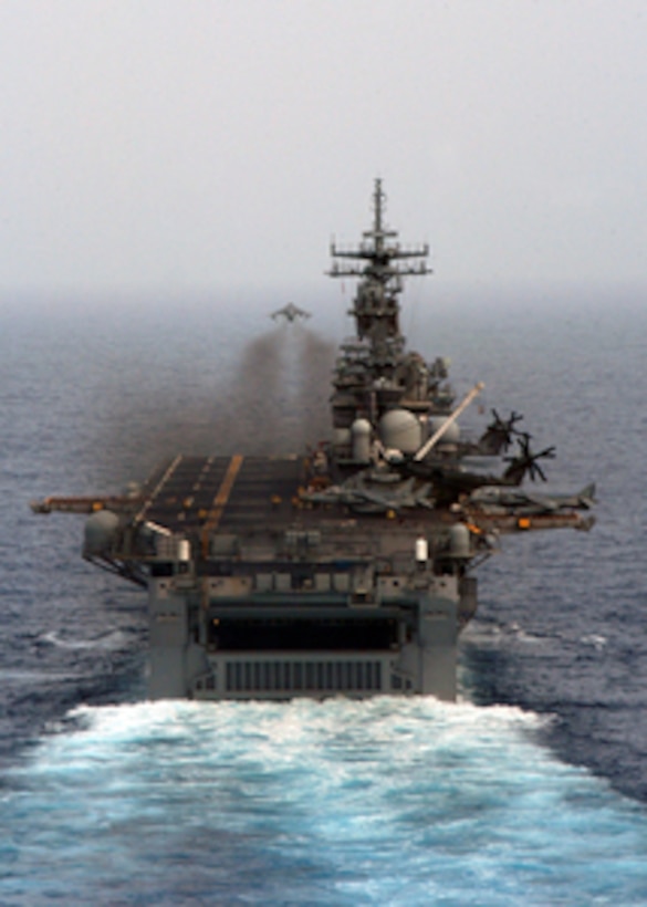 A U.S. Marine Corps AV-8B Harrier launches from the flight deck of the amphibious assault ship USS Kearsarge (LHD 3) during flight operations in the Mediterranean Sea on April 19, 2005. Kearsarge and the embarked 26th Marine Expeditionary Unit are on a regularly scheduled deployment in support of the war on terror. 