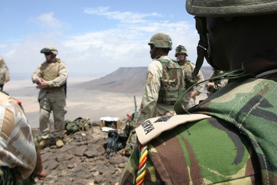 Captain James F. Cherry Jr., commanding officer of Weapons Company, Battalion Landing Team, 2nd Bn., 8th Marines, briefs a party of senior coalition military officers from Combined Joint Taks Force Horn of Africa (CJTF HOA) April 26 before a live-fire exercise at the Gadora  Range in Djibouti.  Shortly after arriving in the Central Command area of responsibility, the 26th MEU (SOC), emabarked aboard the Kearsarge Strike Group, proceeded to Djibouti to exercise its air and ground strike capabilities at the extensive ranges there.  The exercise demonstrated the prowess of CJTF HOA and the reach-out capabilty of CENTCOM in its AOR.  (Official USMC photo by Gunnery Sgt. Mark E. Bradley)(released)