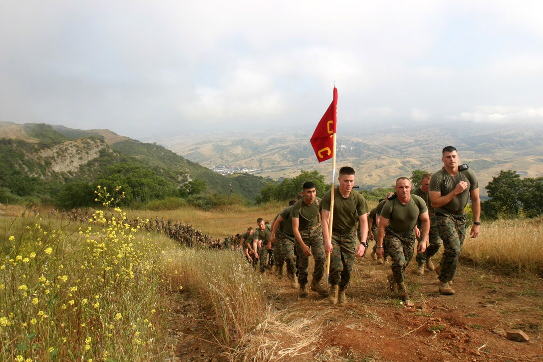 Marines from 1st Battalion, 4th Marine Regiment, hike their way back down from a memorial site set up just outside of Camp Horno, April 26. The site was made in memory of Marines from 1st Marine Regiment that died in support of Operation Iraqi Freedom and continues to be so for Marines from OIF II. Every Marine that hikes up the San Onofre Mountain to the memorial carries a white stone to place at the foot of the memorial. Many stones were covered with the names of the Marines that died.