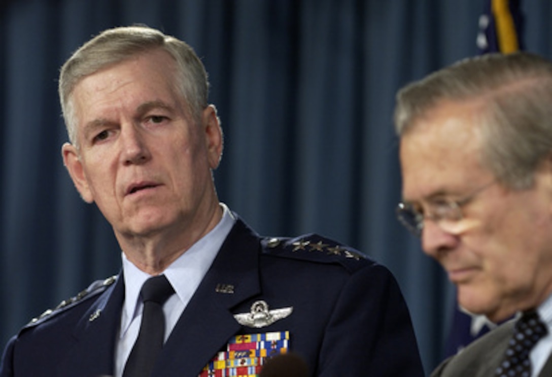 Chairman of the Joint Chiefs of Staff Gen. Richard B. Myers, U.S. Air Force, answers a reporter's question during a press briefing with Secretary of Defense Donald H. Rumsfeld in the Pentagon on April 26, 2005. Myers and Rumsfeld briefed reporters on the situation in Iraq. 