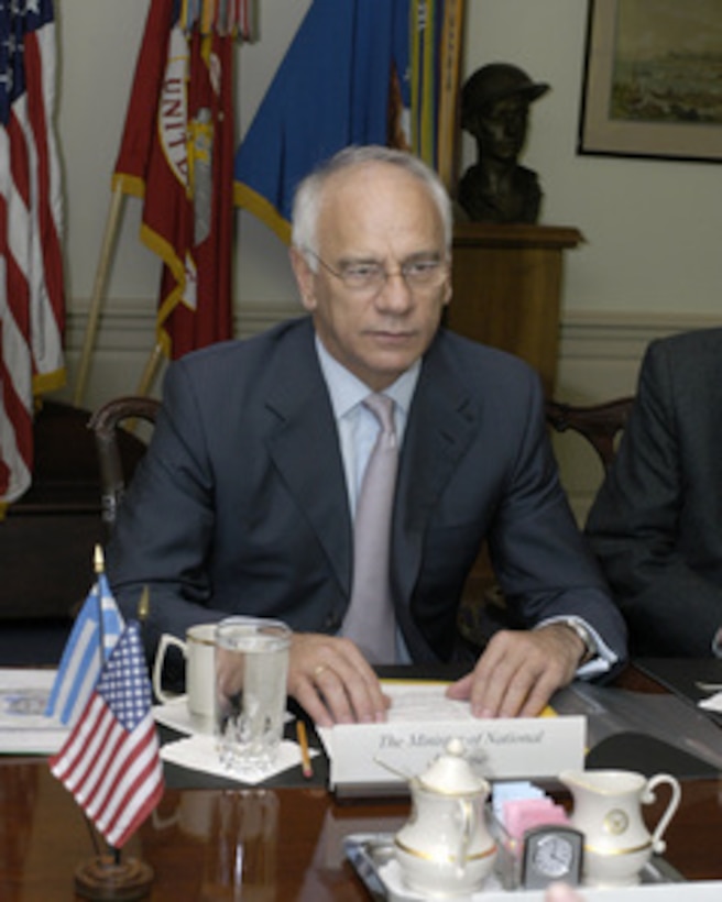 Greek Minister of National Defense Spilios Spiliotopoulos meets with Secretary of Defense Donald H. Rumsfeld in he Pentagon on April 27, 2005. Spiliotopoulos and Rumsfeld are meeting to discuss defense issues of mutual interest. 