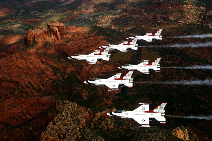 OVER SEDONA, Ariz. --- The U.S. Air Force Air Demonstration Team  Thunderbirds fly a six-ship delta formation here after completing another air show recently. (U.S.  Air Force photo by Tech. Sgt. Justin D. Pyle)                       