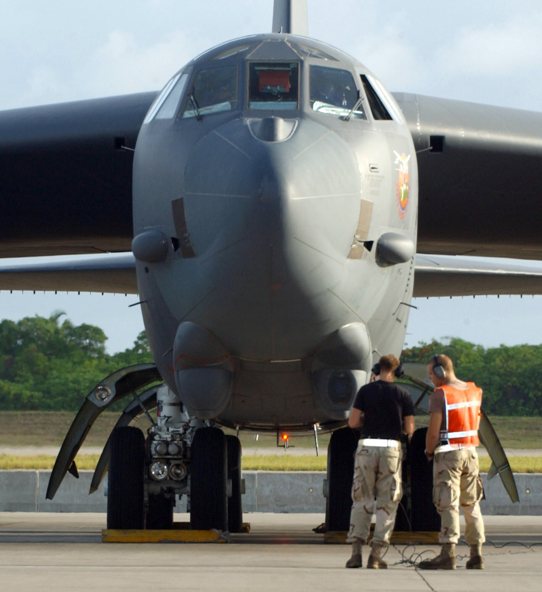 OPERATION ENDURING FREEDOM -- Senior Airman Vincent Tripodi (left) and Airman 1st Class Nathan Jacobson prepare to launch a B-52 Stratofortress.  They are crew chiefs with the 40th Expeditionary Maintenance Squadron at a forward-deployed location and are from Minot Air Force Base, N.D.  (U.S. Air Force photo by Staff Sgt. Jocelyn Rich)