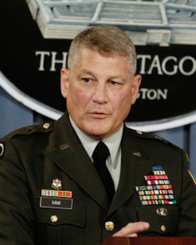 Joint Staff Deputy Director for Regional Operations Brig. Gen. Carter Ham, U.S. Army, responds to a reporter's question during a Pentagon press briefing on Aug. 3, 2005. Ham and Principal Deputy Assistant Secretary of Defense for Public Affairs Lawrence Di Rita conducted the briefing. 