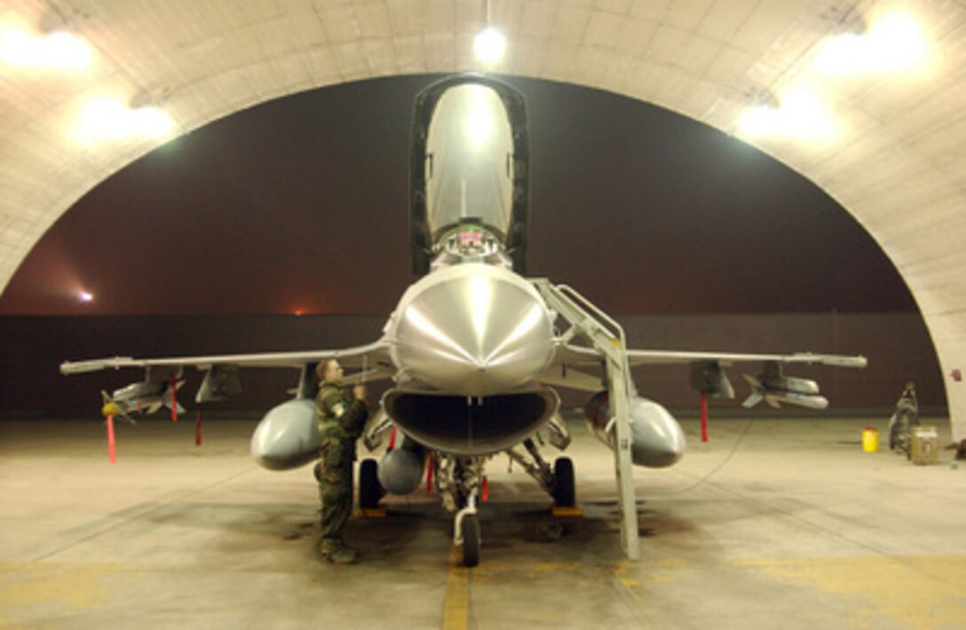 Air Force Staff Sgt. Daniel Daniels checks over an F-16 Fighting Falcon before a nighttime launch from Osan Air Base, Republic of Korea, for exercise Beverly Bulldog 05-02 on July 19, 2005. Aircraft of the 51st Fighter Wing are flying day and night combat sorties for the exercise that simulates a threat from North Korean aggressors. Daniels is attached to the 51st Aircraft Maintenance Squadron, 51st Fighter Wing. 
