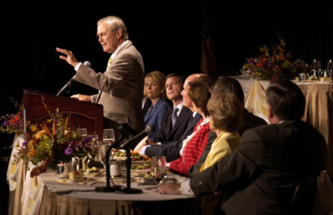 Secretary of Defense Donald H. Rumsfeld addresses the Los Angeles World Affairs Council forum in Los Angeles, Calif., on Aug. 4, 2005. The Council promotes greater understanding of current global issues and their impact on the people of Southern California by inviting authoritative influential figures in world affairs to Los Angeles and provides them an open forum. 