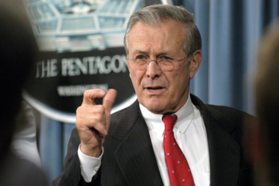 Secretary of Defense Donald H. Rumsfeld responds to a reporter's question during a Pentagon press briefing on Dec. 16, 2003. Rumsfeld and Vice Chairman of the Joint Chiefs of Staff Gen. Peter Pace, U.S. Marine Corps, updated reporters with the latest information on the December 13th discovery and capture of Saddam by the U.S Army's 4th Infantry Division, U.S. Special Operations forces and coalition troops. 