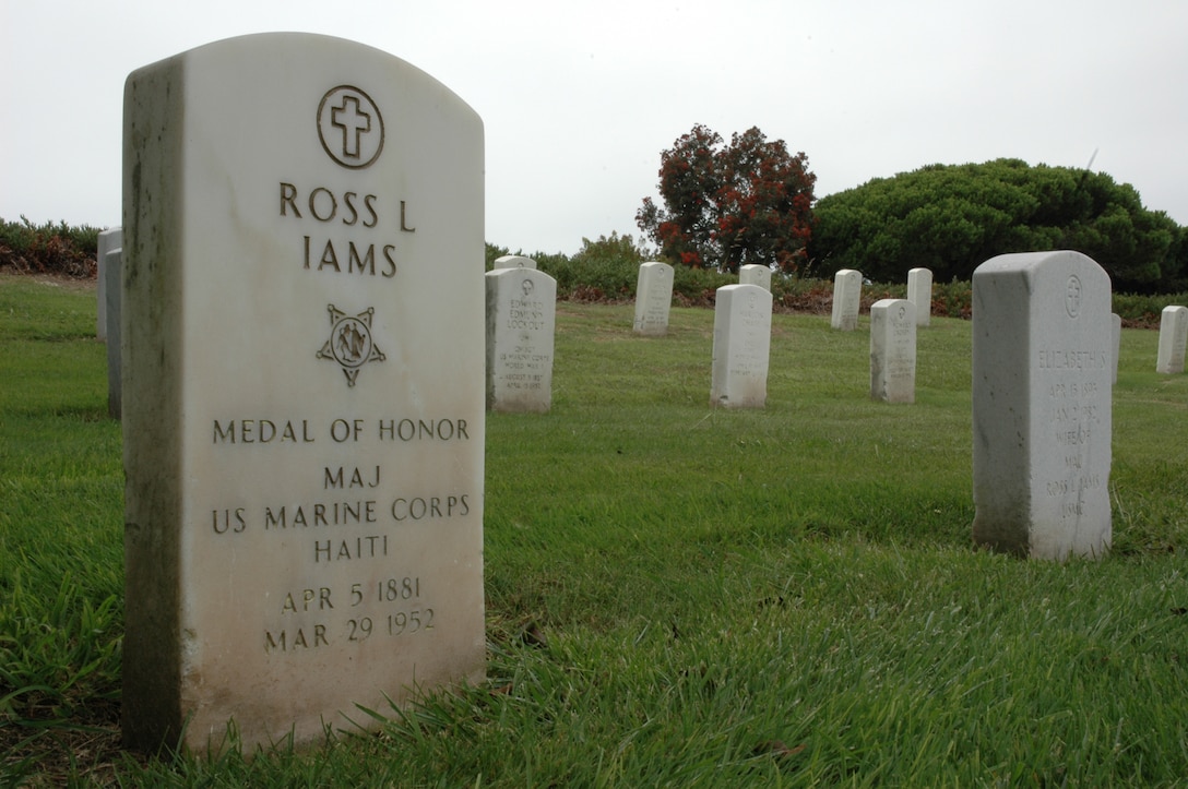 Resting in Section P, Grave 2930, at Fort Rosecrans National Cemetery in San Diego is Maj. Ross L. Iams. Iams was a sergeant fighting in the Haitian Campaign in 1915 when he earned his Medal of Honor. He served in World War I, Haiti, Mexico, China, the Philippines and Nicaragua, and eventually rose to the rank of captain in 1920. After retiring in 1932, Iams briefly returned to service in 1942. He died Mar. 25, 1952.