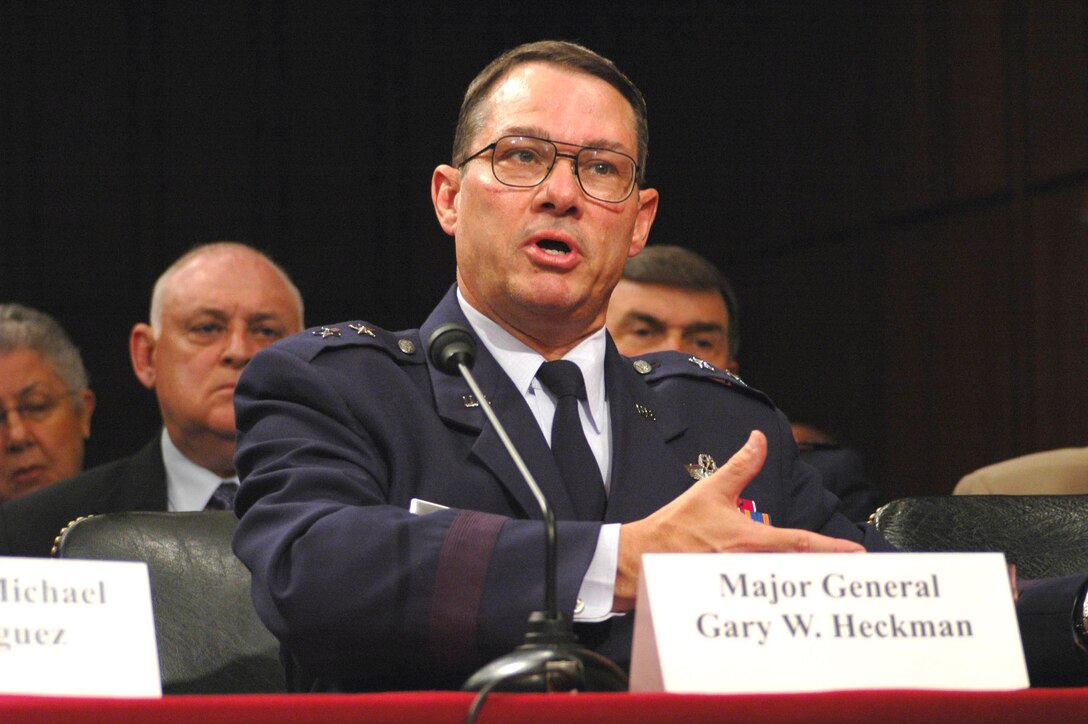 WASHINGTON -- Maj. Gen. Gary W. Heckman testifies about the Air Force's recommendations before the BRAC commission Aug. 11.  General Heckman is the co-chairman of the base closure executive group and the assistant deputy chief of Air for Force Plans and Programs.  (U.S. Air Force photo by Staff Sgt. C. Todd Lopez)