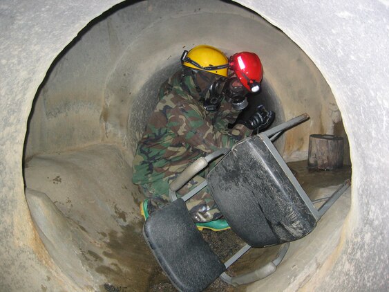 QUANTICO, Va. - Marines from the Chemical Biological Incident Response Force pause to monitor the readings on their PGM-50 Multi-Rae during a confined space practical application drill August 18. The realistic training takes into account the hazard of depleted oxygen sources the Marines may encounter when executing the mission of extracting casualties from collasped structures or tunnels.
