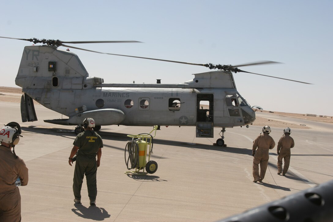 AL ASAD, Iraq ? A Greyhawk CH-46 ?spins up? during a test Aug. 22. The Marines will test every aircraft here before flying them to the base they will operate from during this deployment.