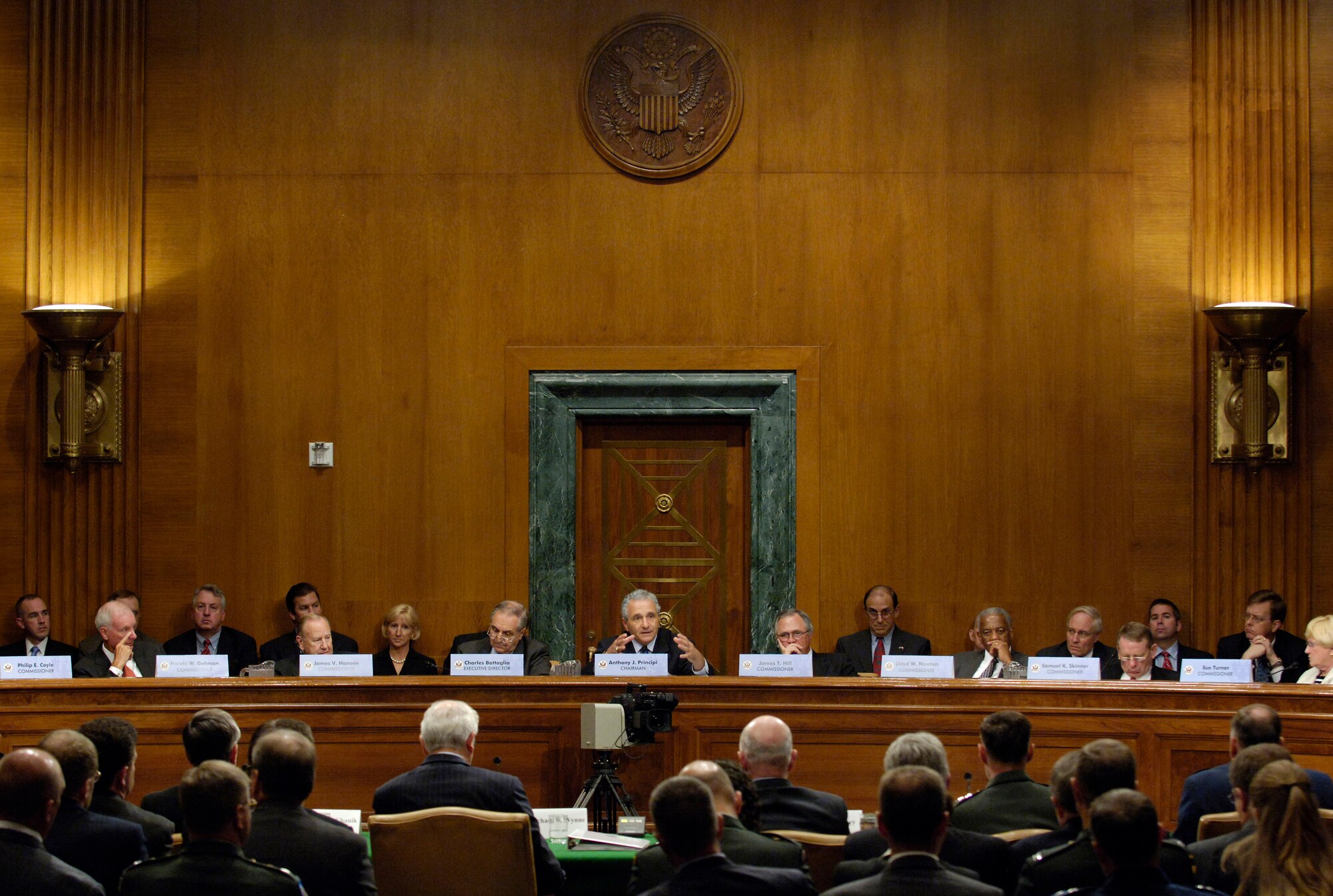 WASHINGTON -- Base Realignment and Closure Commission Chairman Anthony J. Principi (center) questions senior Defense Department officials during a hearing Aug. 20 on Capitol Hill.  The commission called the hearing to give members of the Defense Department a final opportunity to present testimony before the commission's final deliberations concerning their BRAC recommendations to the president.  (U.S. Air Force photo by Master Sgt. Jim Varhegyi)