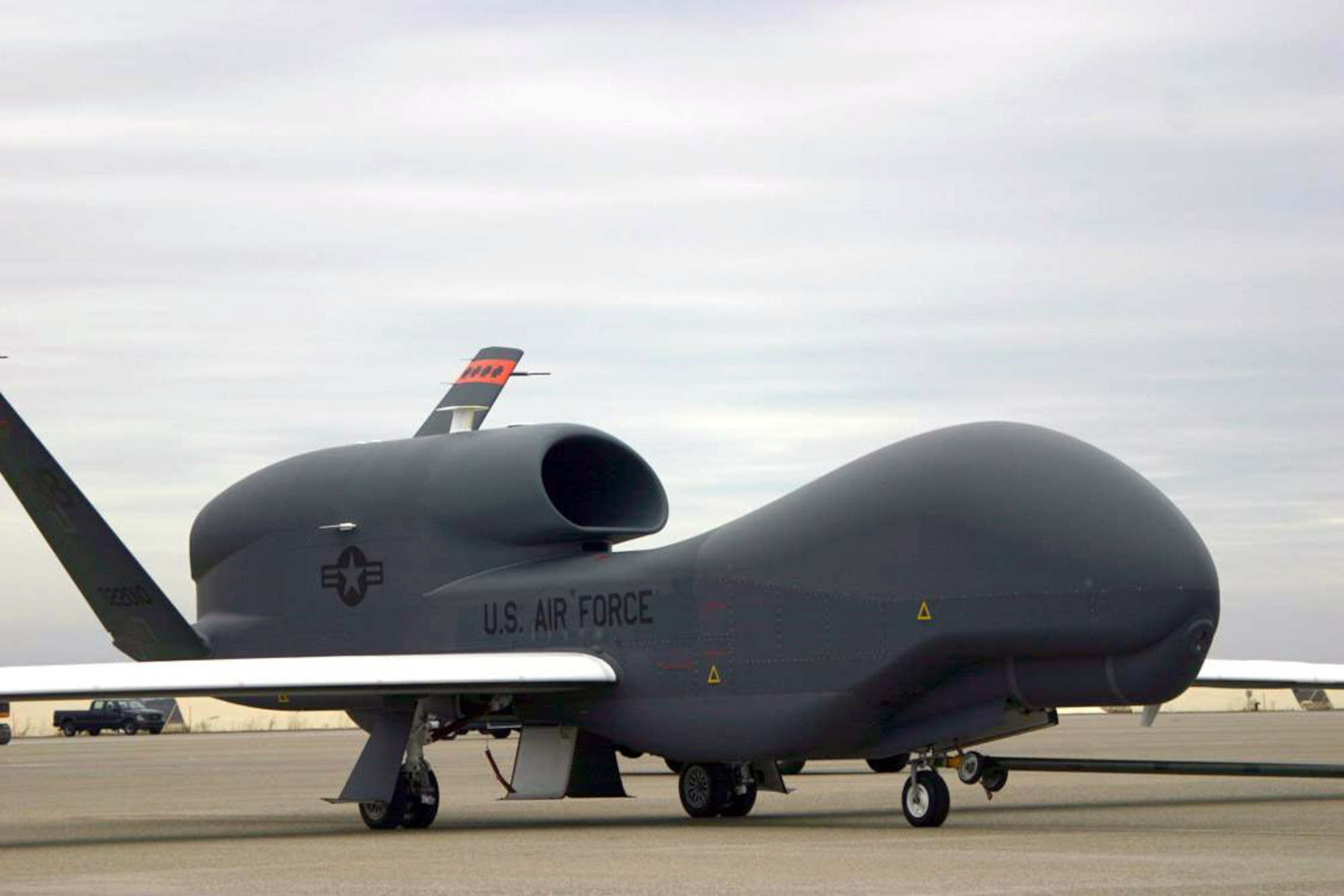 BEALE AIR FORCE BASE, Calif. -- The Global Hawk Unmanned Aerial Vehicle provides Air Force and joint battlefield commanders near real-time, high-resolution intelligence, surveillance and reconnaissance imagery.  The 12th Reconnaissance Squadron here is the home unit for the Global Hawk mission.  (U.S. Air Force photo by Staff Sgt. Timothy Jenkins)

