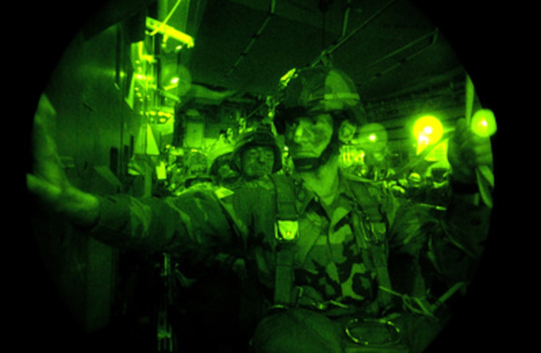 Paratroopers from the U.S. Army's 82nd Airborne Division, Fort Bragg, N.C., are hooked up as they prepare for a nighttime static line jump from an Air Force C-17 Globemaster III aircraft at a Fort Bragg drop zone on Aug. 24, 2005. The paratroopers and the aircraft are training as part of Exercise Joint Forcible Entry. 