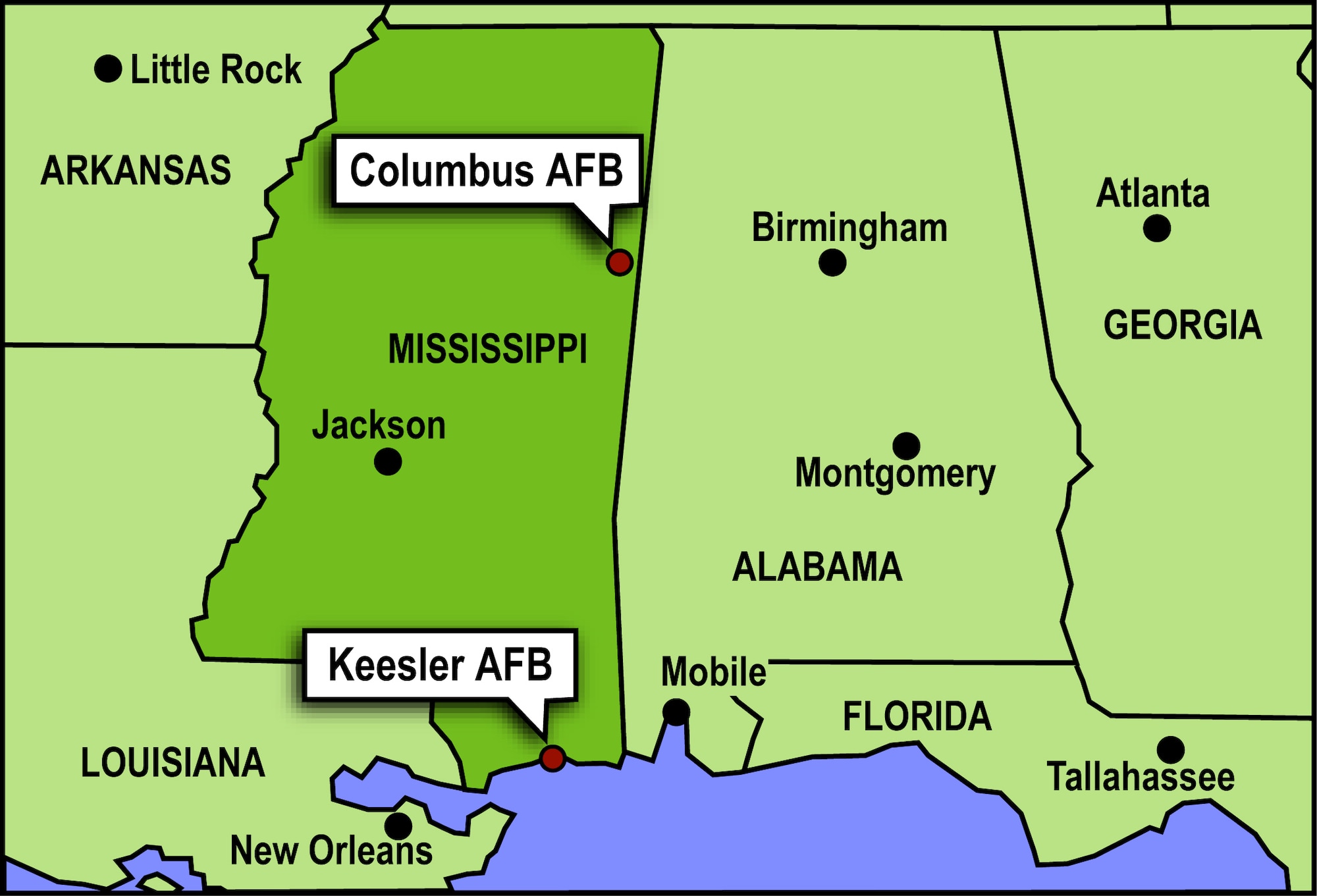 GRAPHIC -- Keesler and Columbus Air Force bases in Mississippi survived Hurricane Katrina.  Base officials are still evaluating the damge to Columbus, but so far have reported only moderate damage to one building.  Keesler, however, has suffered extensive damge to industrial and housing areas.  (U.S. Air Force graphic)