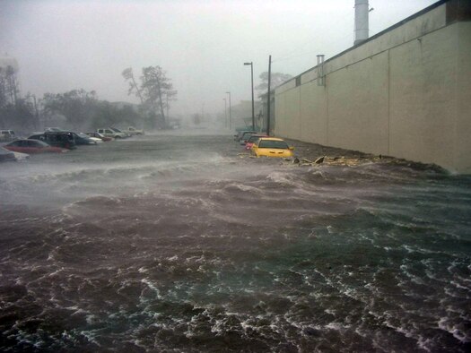 KEESLER AIR FORCE BASE, Miss. -- As Hurricane Katrina struck the base, rising waters swallowed cars parked along streets.  The base and the 6,000 sheltered military students, permanent party, civilians and their families survived the Category 4 hurricane with no casualties.  The initial damage was catastrophic to base infrastructure.  The base is currently in the assessment and recovery stage.  (U.S. Air Force photo)