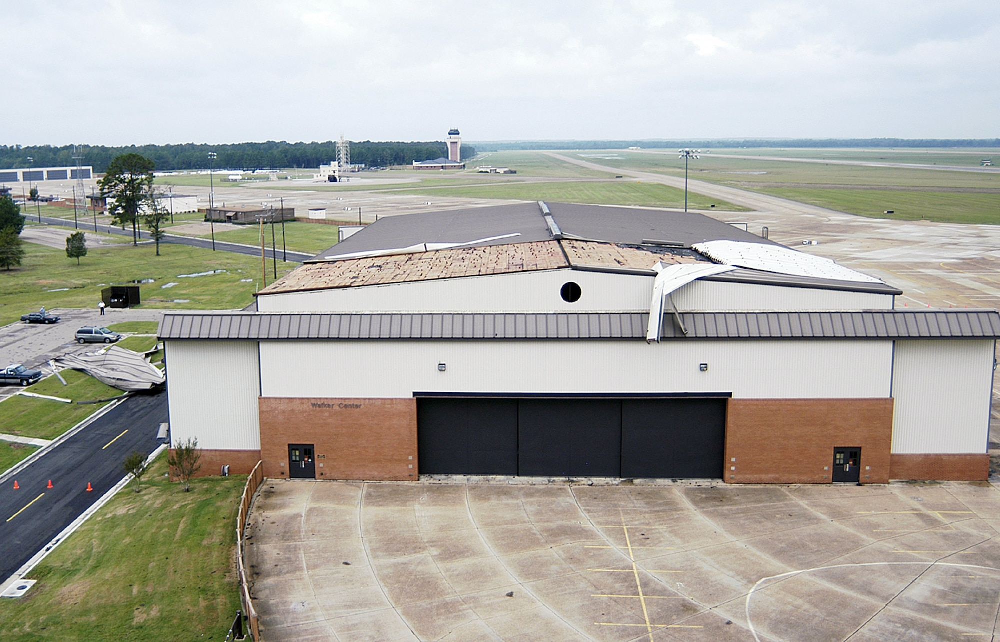 COLUMBUS AIR FORCE BASE, Miss. - The 14th Logistics Readiness Division mobility processing hangar was the only building to receive moderate roof damage from Hurricane Katrina.  Although the hurricane did not pass directly over the base, the base sustained more than $765,000 in damage.  Maximum winds reached 50 knots.  (U.S. Air Force photo by 2nd Lt. Jeremy Cotton)