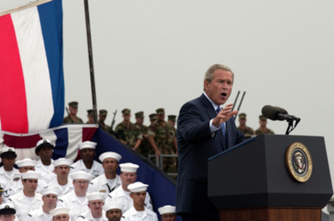 President George W. Bush addresses the audience at a ceremony commemorating the 60th anniversary of V-J Day at Naval Air Station North Island in San Diego, Calif., on Aug. 30, 2005. 