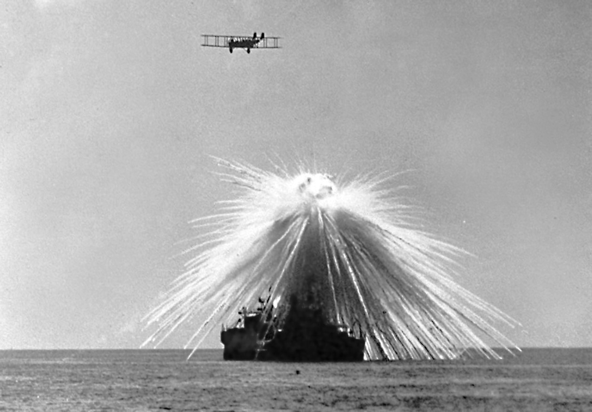 An MB-2 hits its target, the obsolete battleship USS Alabama during tests. On Sep. 27, 1921, still operating with Mitchell’s provisional air brigade, the group’s MB-2 aircraft bombed and sank the ex-U.S. Navy battleship Alabama (BB-08) in Tangier Bay, Chesapeake Bay, Md.