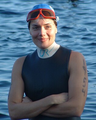 Kristi Porter on location for the Pinehurst, N.C., Olympic District Race.  Open water swimming is one of the three legs in a triathlon.