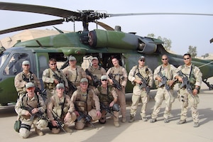 BALAD AIR BASE, Iraq (AFPN) -- The crew members of Jolly 11 and Jolly 12: (Top row, from left) then-Capt. Joseph Galletti, Staff Sgt. Vincent J. Eckert, then-Tech. Sgt. Paul Silver, Tech. Sgt. Thomas Ringheimer, then-1st Lt. Gregory Rockwood, Staff Sgt. Michael Rubio, Staff Sgt. John Griffin and Staff Sgt. Edward Ha. (Bottom row: from left) Staff Sgt. Patrick Ledbetter, Capt. Bryan Creel, Capt. Robby Wrinkle and Tech. Sgt. Michael Preston. Not shown is Staff Sgt. Matthew Leigh. (U.S. Air Force photo by Staff Sgt. Prentice Colter)