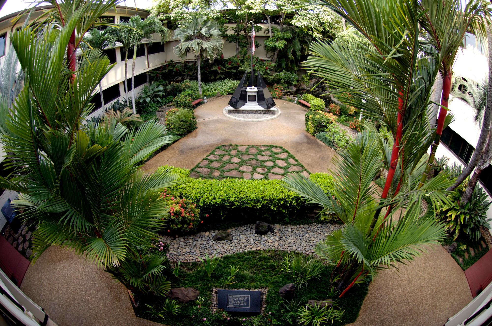 HICKAM AIR FORCE BASE, Hawaii (AFPN) -- The Courtyard of Heroes in the Pacific Air Forces headquarters building here is dedicated to the servicemembers who lost their lives during the Dec. 7, 1941 surprise Japanese attack on military installations on the Hawaiian island of Oahu. (U.S. Air Force photo by Tech. Sgt. Shane A. Cuomo)