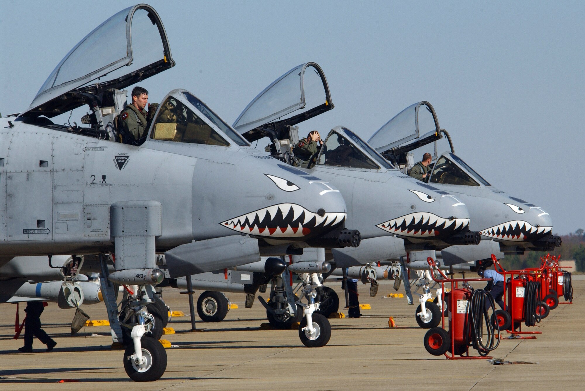 SHAW AIR FORCE BASE, S.C. (AFPN) -- A-10 Thunderbolt IIs shut their engines off after a mission in support of Operation Dynamic Weasel. The exercise is a multi-aircraft exercise simulating combat operations in Southeast Asia. The aircraft are from the 23rd Fighter Group at Pope Air Force Base, N.C. (U.S. Air Force photo by Staff Sgt. Nathan Bevier)