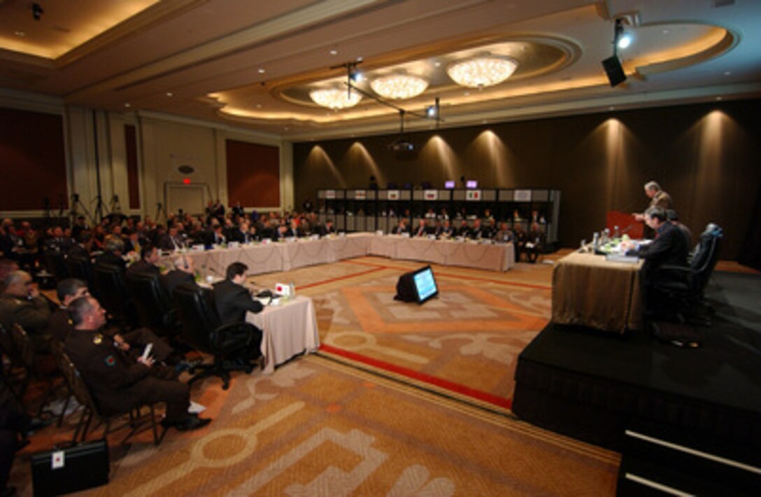 Defense ministers from the U.S. and 13 southeast European nations listen to a presentation during the plenary session of the 2005 Southeastern Europe Defense Ministerial meetings in Washington, D.C., on Dec. 6, 2005. Secretary of Defense Donald H. Rumsfeld hosted the defense ministers at the 10th meeting of the Southeastern Europe Defense Ministerial process. The annual forum allows defense ministers to discuss a wide range of mutual regional security issues. 