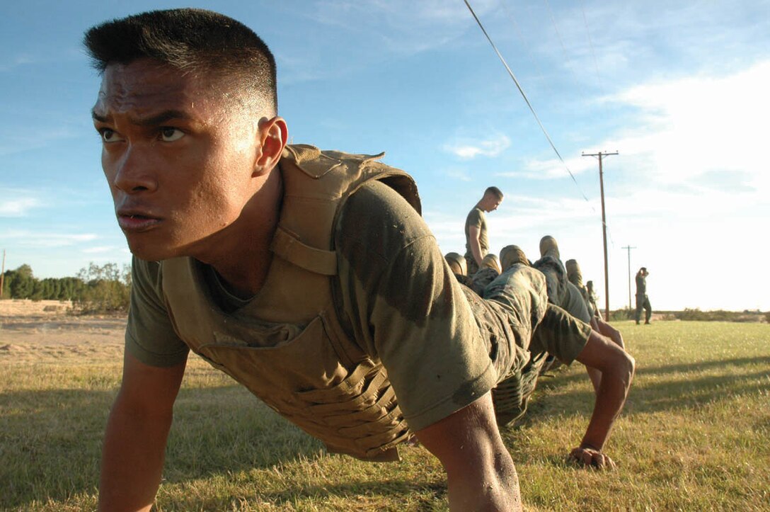 Sgt. Fred Villas, Marine Aviation Logistics Squadron 13 hydraulics mechanic and native of Gilbert, Ariz., performs a squad push-up with other Marines Dec. 7 at Ramada Field here as part of a martial arts instructor training course. The course works not only to create instructors but to build proficiency in the Marine Corps Martial Arts Program and foster teamwork in the Marines participating in the training.