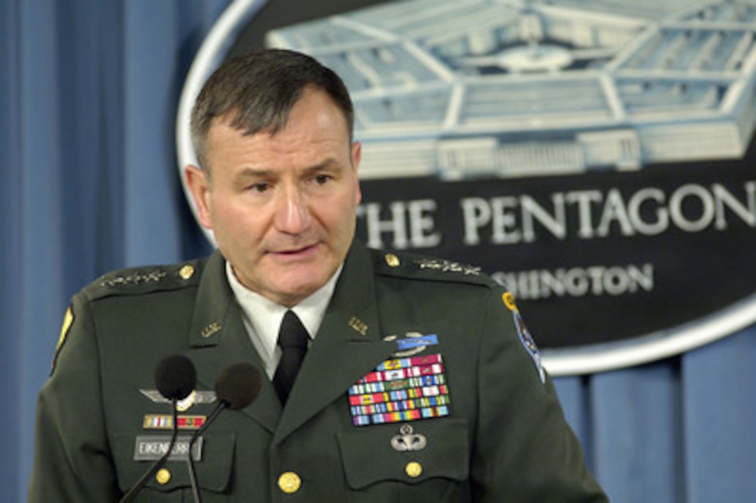 Commanding General for Combined Forces Command Afghanistan Lt. Gen. Karl Eikenberry, U.S. Army, provides an update on Afghanistan operations to reporters during a press briefing in the Pentagon on Dec. 8, 2005. 