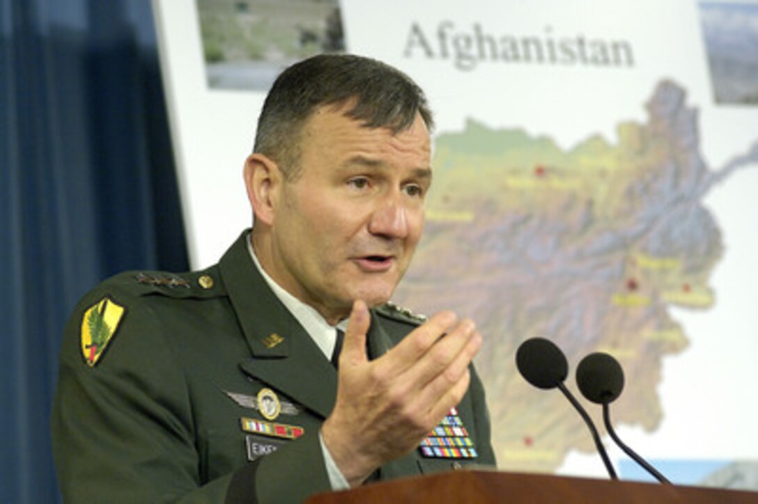 Commanding General for Combined Forces Command Afghanistan Lt. Gen. Karl Eikenberry, U.S. Army, provides an update on Afghanistan operations to reporters during a press briefing in the Pentagon on Dec. 8, 2005. 