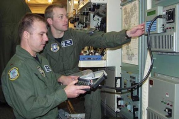 Second Lt. Stephen Grinage and 1st Lt. Bill Dyer, members of the 742nd Missile Squadron, Minot AFB, N.D., perform Very Low Frequency key loading for the Minimum Essential Emergency Communication Network at one of the base's missile alert facilities. (Air Force photo by Staff Sgt. Carla Williams) 