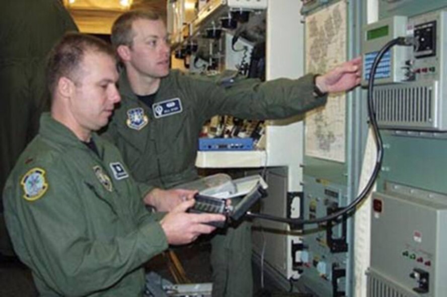 Second Lt. Stephen Grinage and 1st Lt. Bill Dyer, members of the 742nd Missile Squadron, Minot AFB, N.D., perform Very Low Frequency key loading for the Minimum Essential Emergency Communication Network at one of the base's missile alert facilities. (Air Force photo by Staff Sgt. Carla Williams) 
