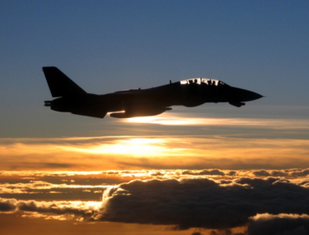 A Navy F-14D Tomcat is silhouetted against the sun as it flies a mission over the Persian Gulf on Dec. 4, 2005. The Tomcat and its crew are assigned to Fighter Squadron 213 and are operating off of the aircraft carrier USS Theodore Roosevelt (CVN 71). Roosevelt and its embarked Carrier Air Wing 8 are conducting maritime security operations in the Persian Gulf. 