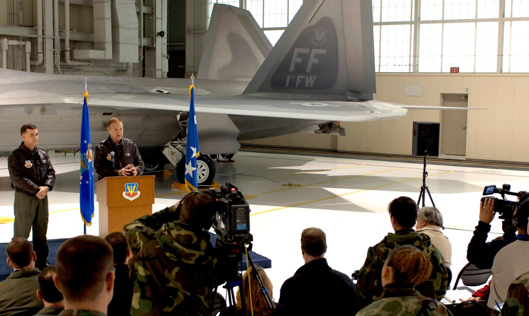 LANGLEY AIR FORCE BASE, Va. (AFPN) -- Gen. Ronald Keys and Brig. Gen. Burton Fields answer questions during a press conference to announce the F-22A Raptor's initial operating capability today. General Keys is the commander of Air Combat Command. General Fields is the commander of the 1st Fighter Wing. (U.S. Air Force photo by Staff Sgt. Quinton T. Burris)