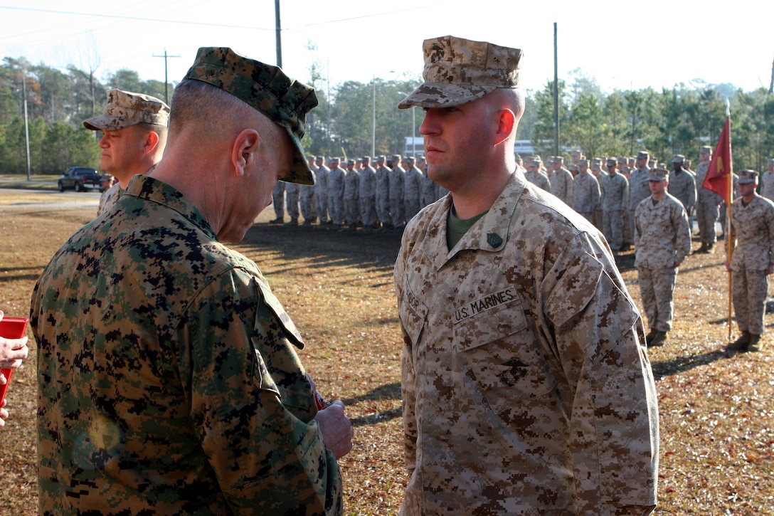 MARINE CORPS BASE CAMP LEJEUNE, N.C.--Gunnery Sgt. Adam J. Taylor, a native of St. Mary, Kan., was awarded the Bronze Star Medal here Dec. 16 in recognition of his contributions in support of Operation Iraqi Freedom.