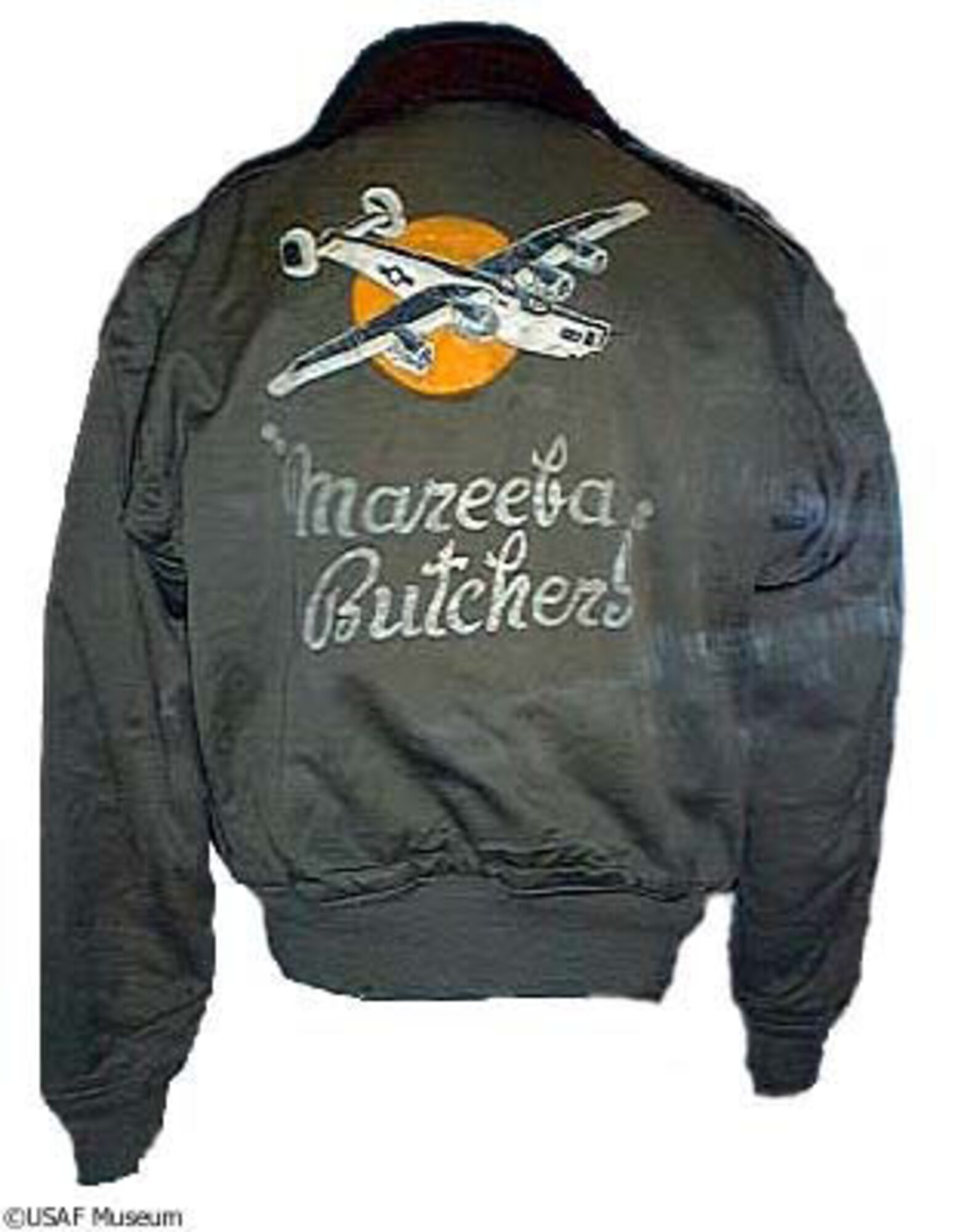 DAYTON, Ohio -- Mareeba Butchers aviator jacket on display at the National Museum of the United States Air Force. (U.S. Air Force photo)
