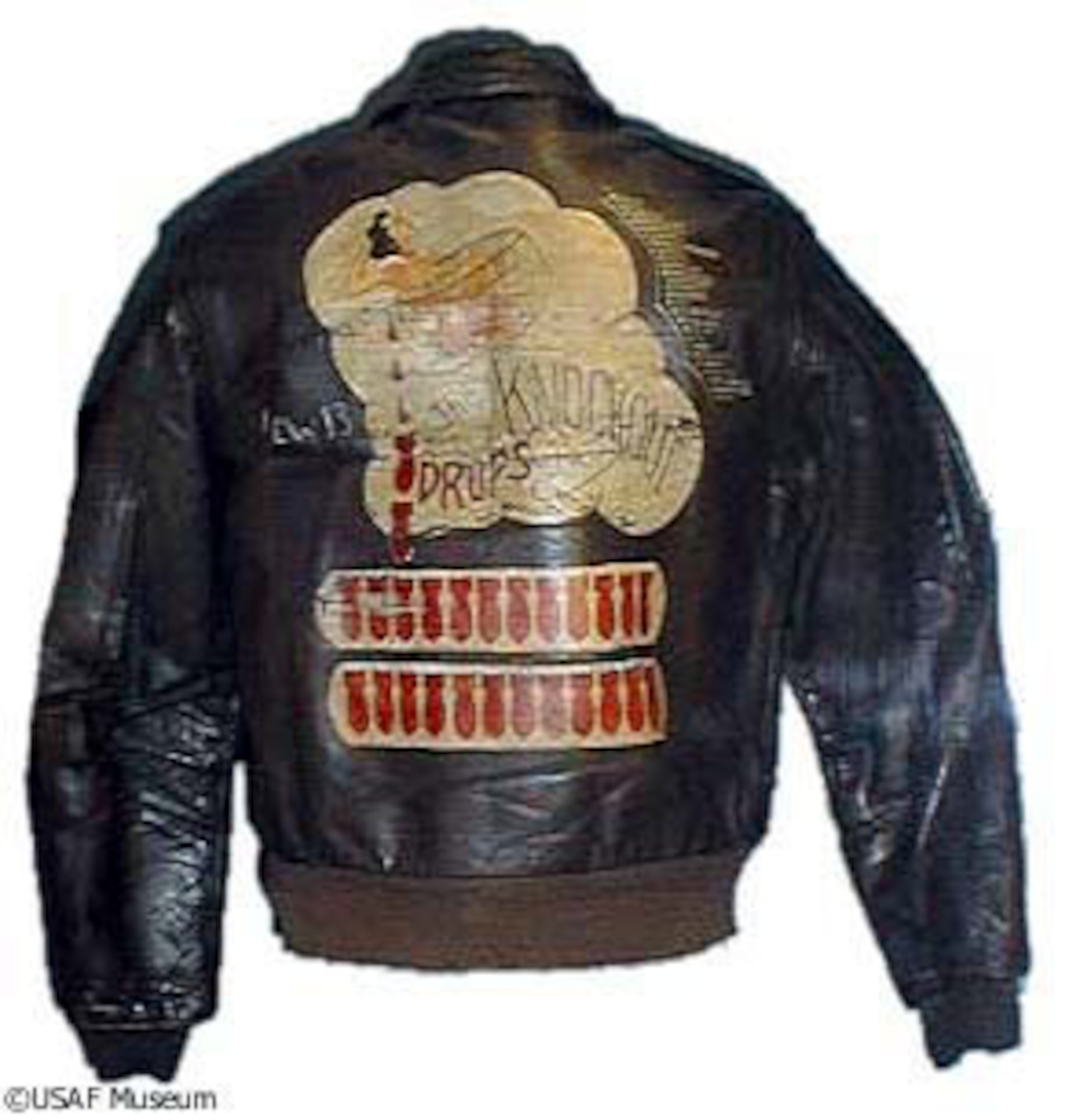 DAYTON, Ohio -- "The Knockout Drops" aviator jacket on display at the National Museum of the United States Air Force. (U.S. Air Force photo)