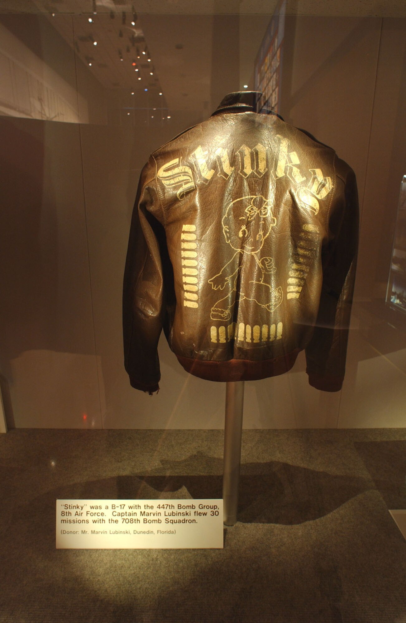 DAYTON, Ohio -- "Stinky" aviator jacket on display at the National Museum of the United States Air Force. (U.S. Air Force photo)