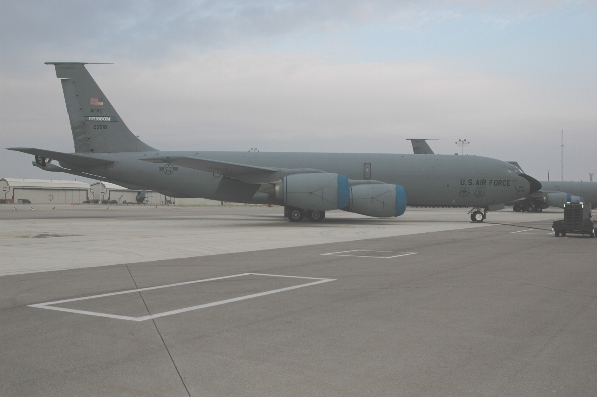 A KC-135R Stratotanker from the 434th Air Refueling Wing, Air Force Reserve Command, on the mass parking ramp at Grissom Air Reserve Base, Ind