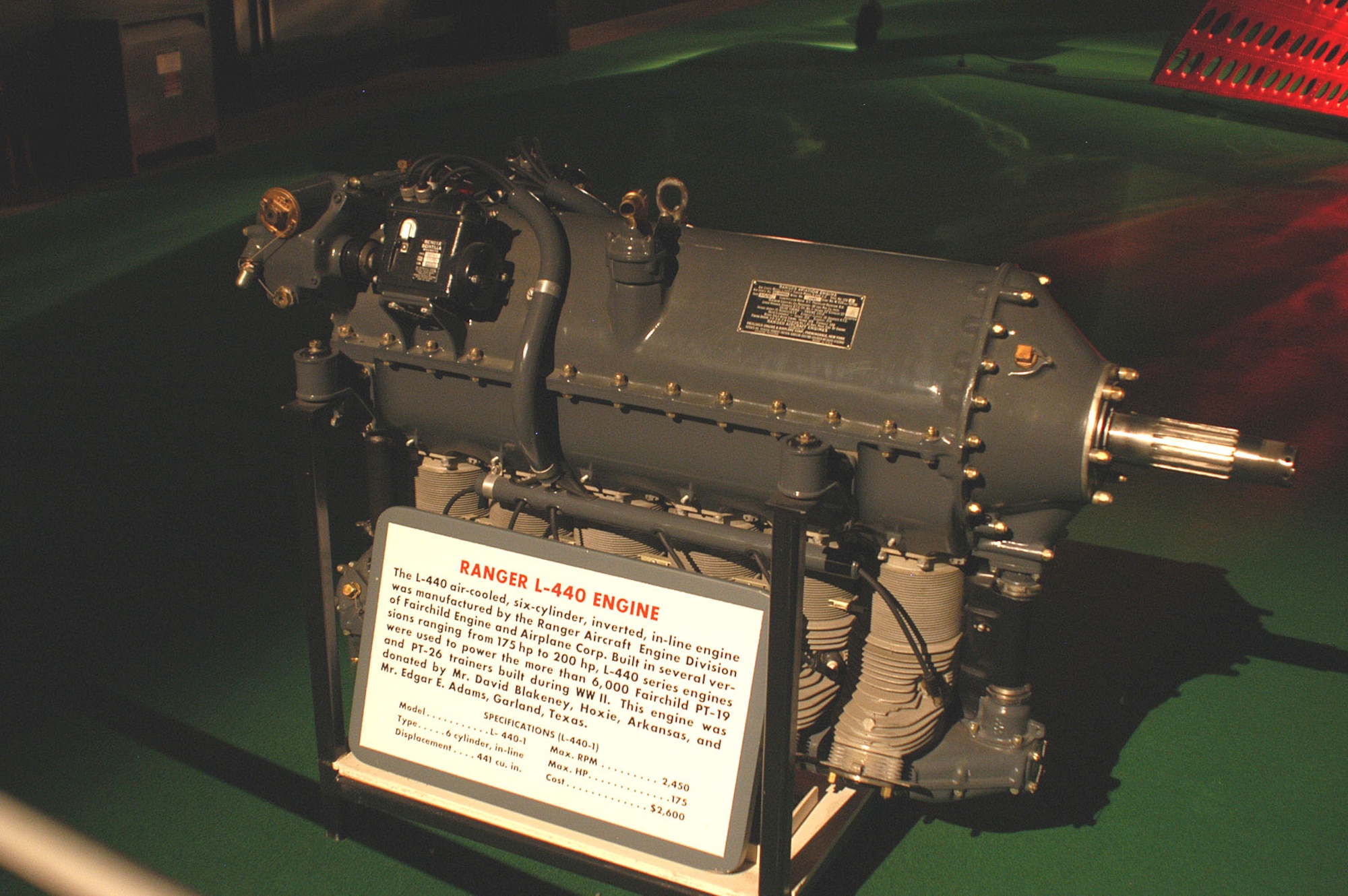 DAYTON, Ohio -- Ranger L-440 engine on display in the Early Years Gallery at the National Museum of the United States Air Force. (U.S. Air Force photo)