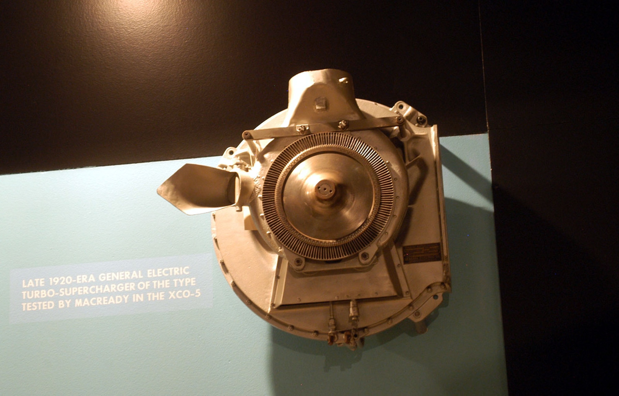 DAYTON, Ohio -- Late 1920s-era General Electric turbo-supercharger of the type tested by Lt. Macready in the XCO-5 on display in the Early Years Gallery at the National Museum of the United States Air Force. (U.S. Air Force photo)
