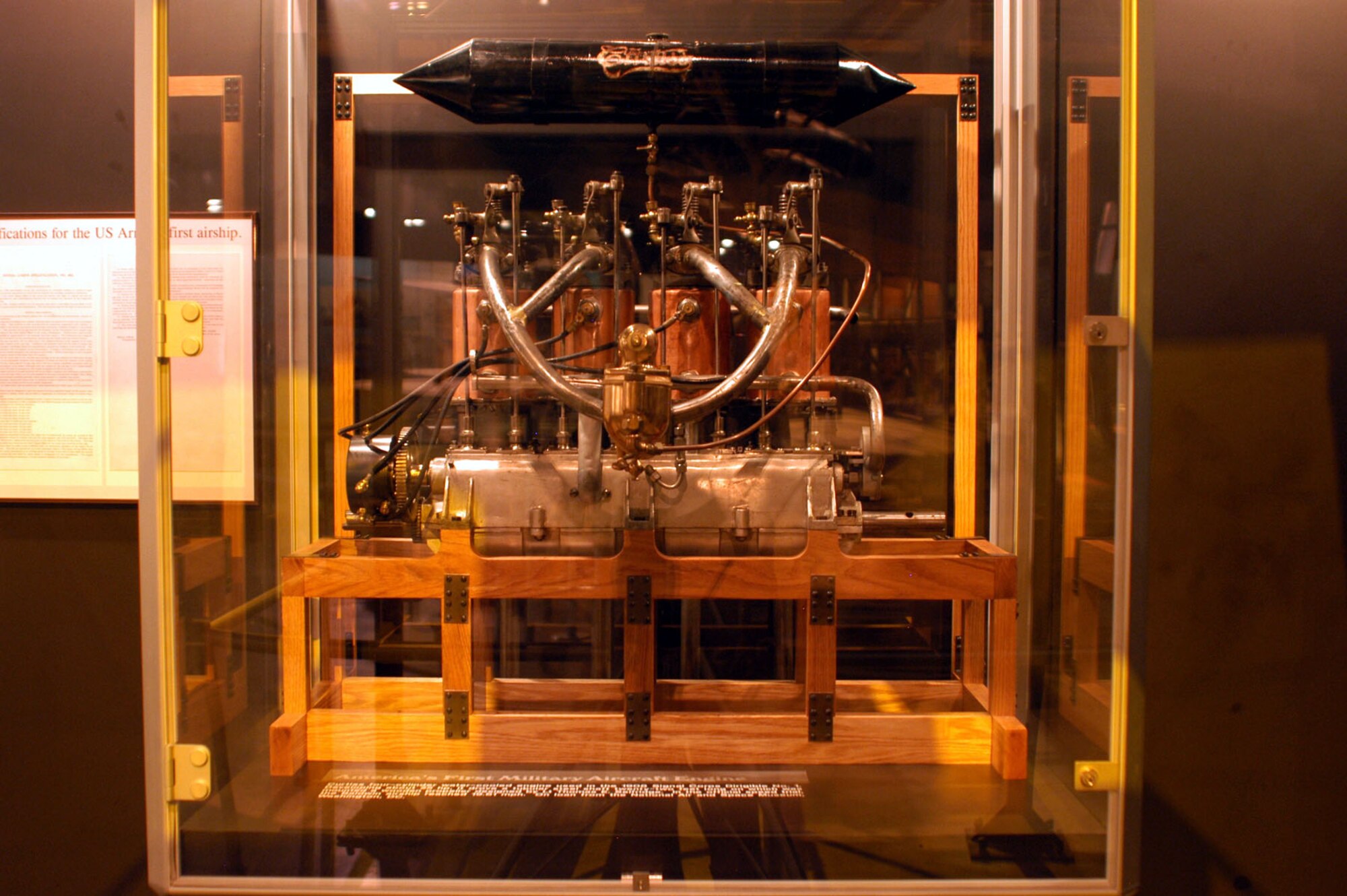 DAYTON, Ohio -- Curtiss four-cylinder engine on display in the Early Years Gallery at the National Museum of the United States Air Force. (U.S. Air Force photo)