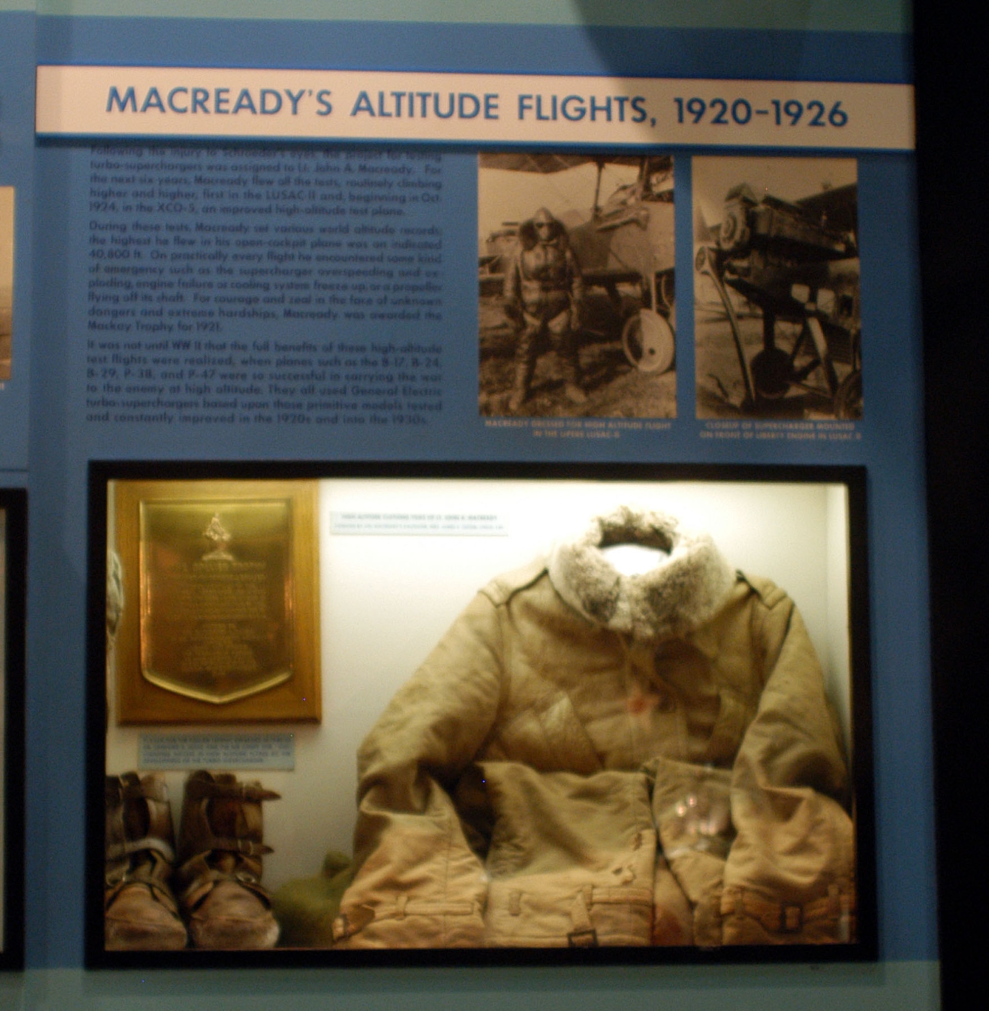 DAYTON, Ohio -- Lt. John A. Macready's Altitude Flights exhibit at the National Museum of the United States Air Force. (U.S. Air Force photo)