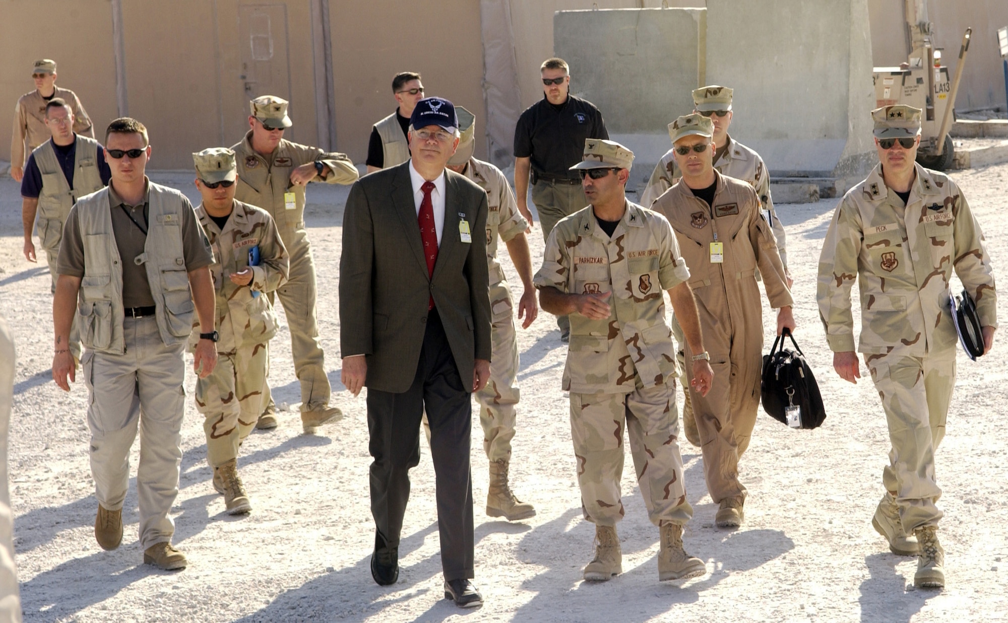 SOUTHWEST ASIA (AFPN) -- Secretary of the Air Force Michael W. Wynne goes on a tour with Col. Mohsen Parhizkar, the commander of the 379th Expeditionary Mission Support Group. This is Secretary Wynne's first tour to the region.  (U.S. Air Force photo by Staff Sgt. Rhiannon Willard)
