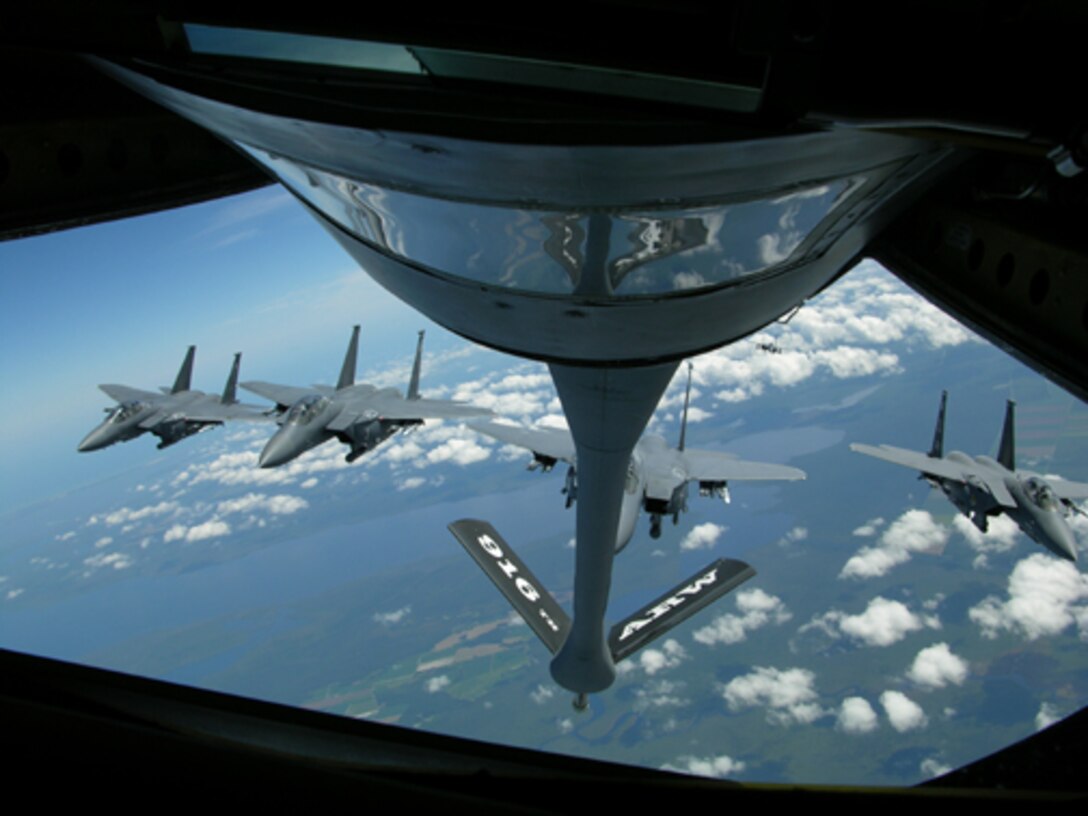 F-15 Strike Eagles from Seymour Johnson train with Air Force reservists from the 916th Air Refueling Wing. The 916th ARW flies the KC-135R Stratotanker in aerial refueling operations.