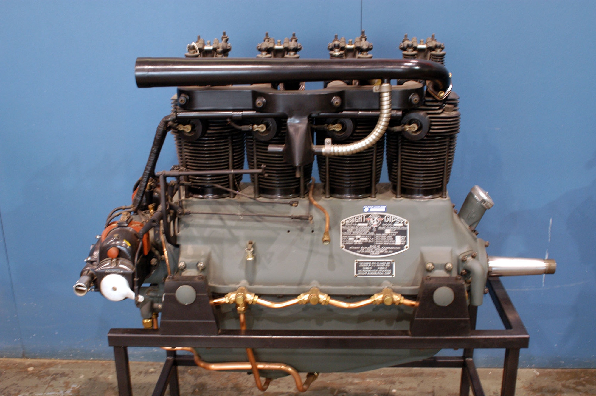 DAYTON, Ohio -- Wright Gipsy L-320 engine on display in the Research & Development Gallery at the National Museum of the United States Air Force. (U.S. Air Force photo)