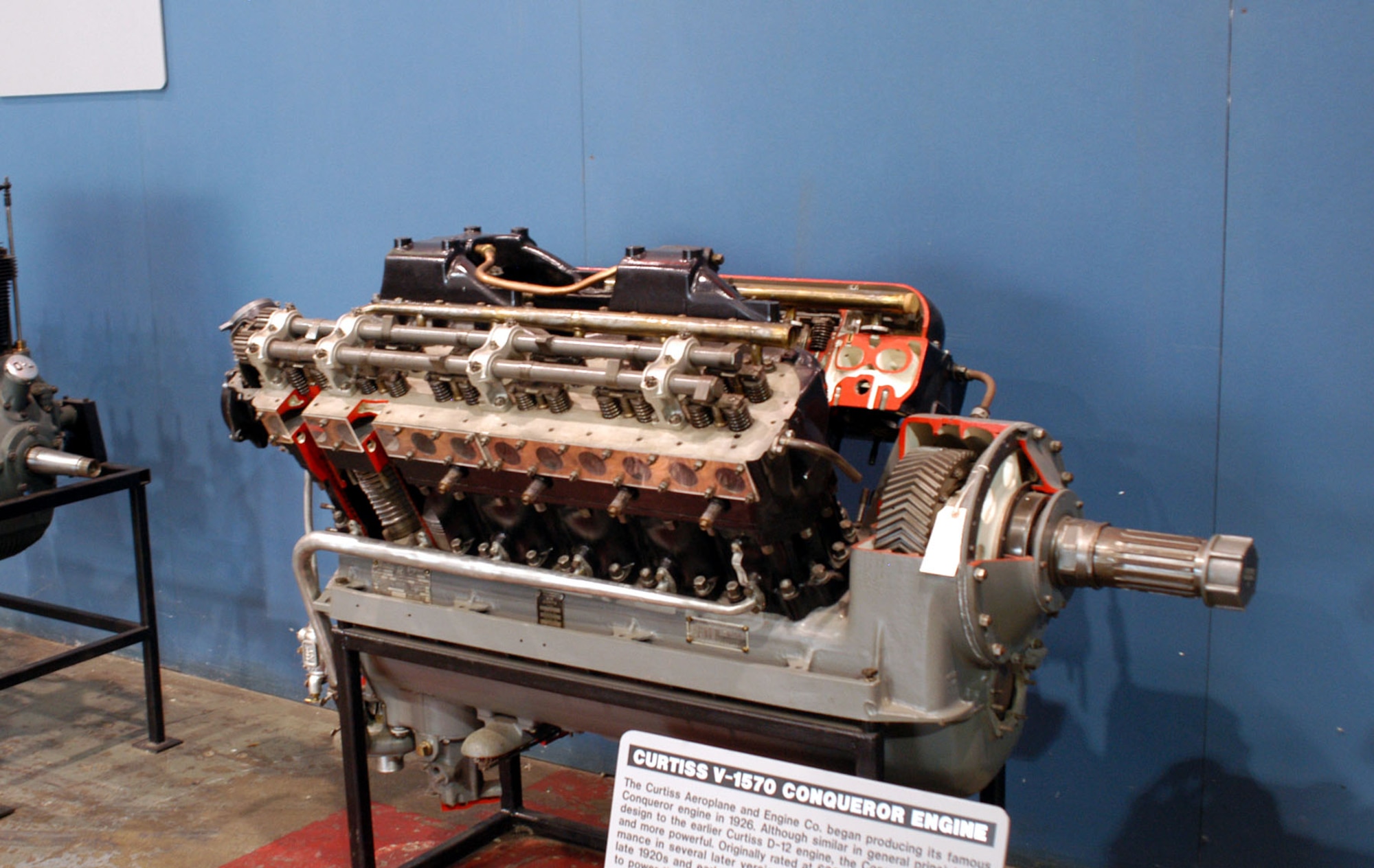 DAYTON, Ohio -- Curtiss V-1570 Conqueror engine on display in the Research & Development Gallery at the National Museum of the United States Air Force. (U.S. Air Force photo)