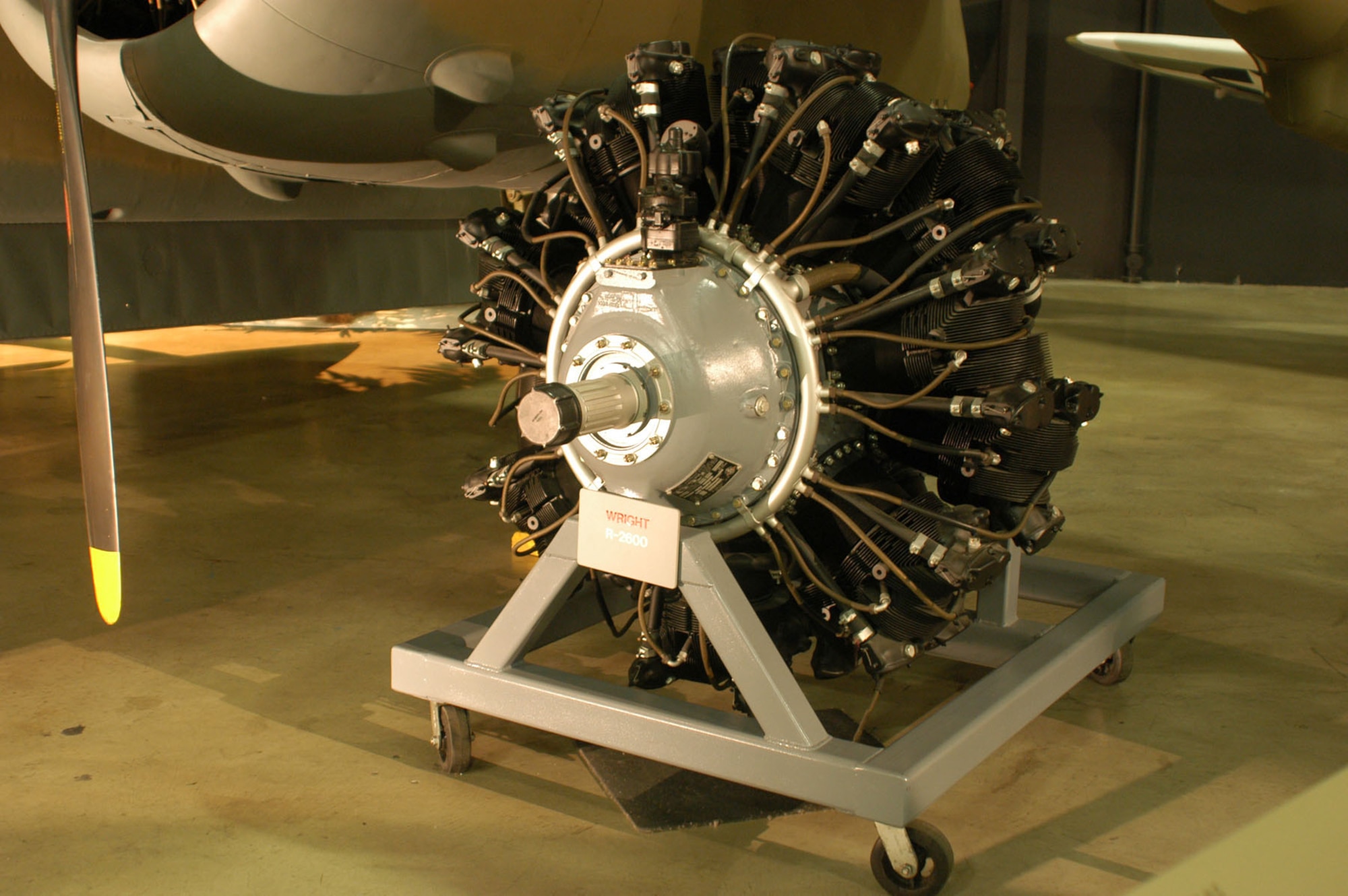 DAYTON, Ohio -- Wright R-2600 on display in the World War II Gallery at the National Museum of the United States Air Force. (U.S. Air Force photo)