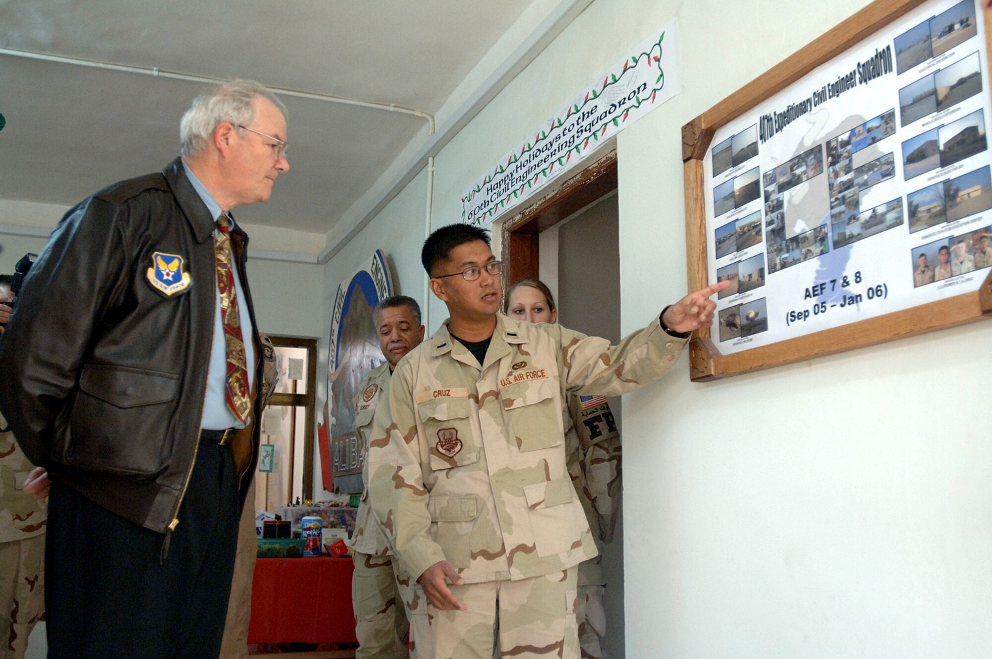 ALI BASE, Iraq (AFPN) -- Secretary of the Air Force Michael W. Wynne passed along holiday greetings and answered several questions from Airmen here Dec. 19.  (U.S. Air Force photo by Tech. Sgt. Paul Dean) 